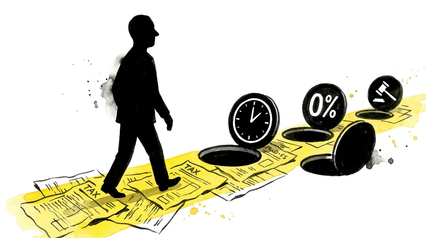 An editorial illustration of a person walking on a path of tax forms with hidden traps representing financial pitfalls.