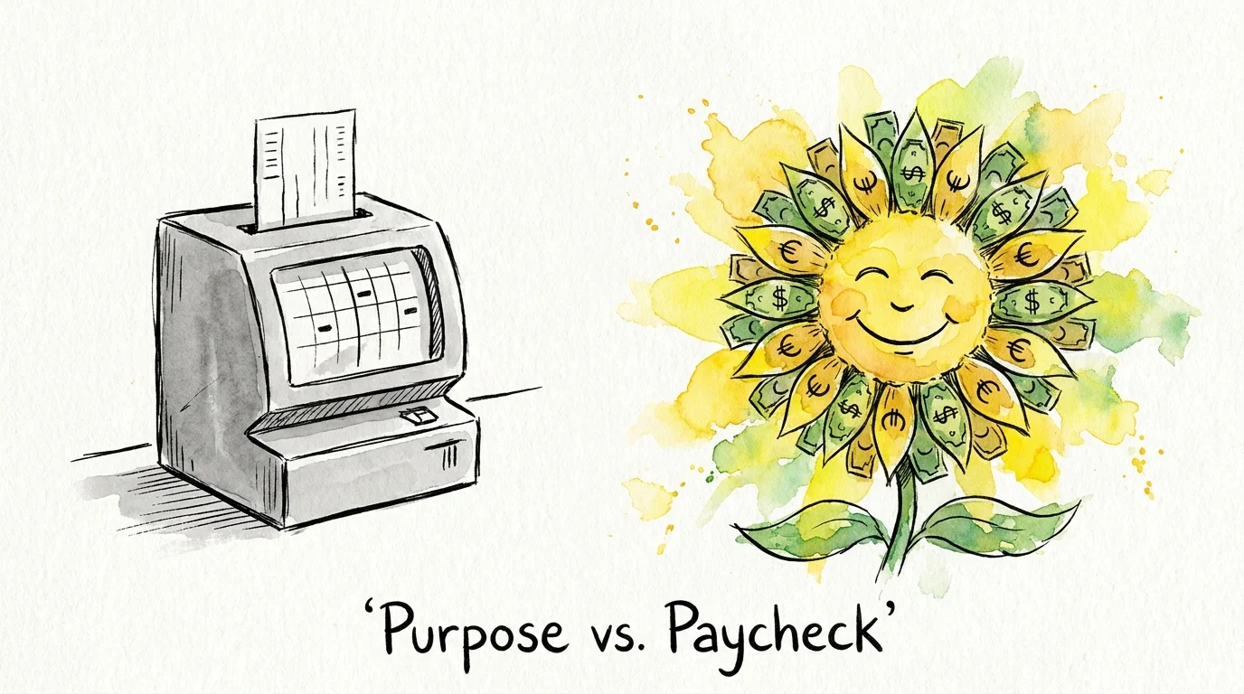 An editorial illustration showing a grey time clock transforming into a vibrant sunflower with petals shaped like currency.