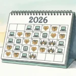 An editorial watercolor illustration of a 2026 calendar filled with retirement trend icons like a laptop, a house, and a health monitor.