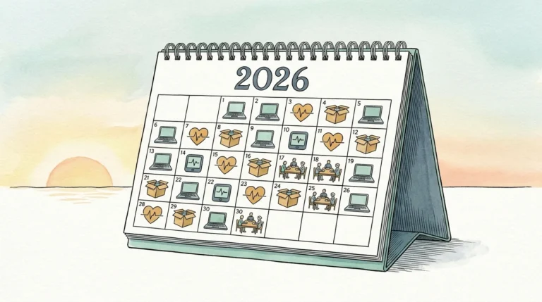 An editorial watercolor illustration of a 2026 calendar filled with retirement trend icons like a laptop, a house, and a health monitor.