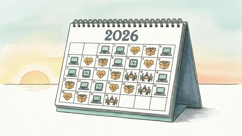 An editorial watercolor illustration of a 2026 calendar filled with retirement trend icons like a laptop, a house, and a health monitor.