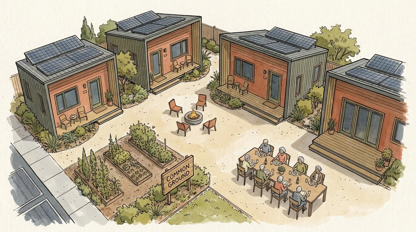 An illustrated bird's-eye view of a senior co-housing community with shared garden spaces.