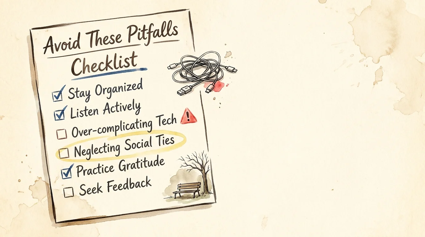 An illustrated checklist highlighting common mistakes like over-complicating technology or neglecting social connections.