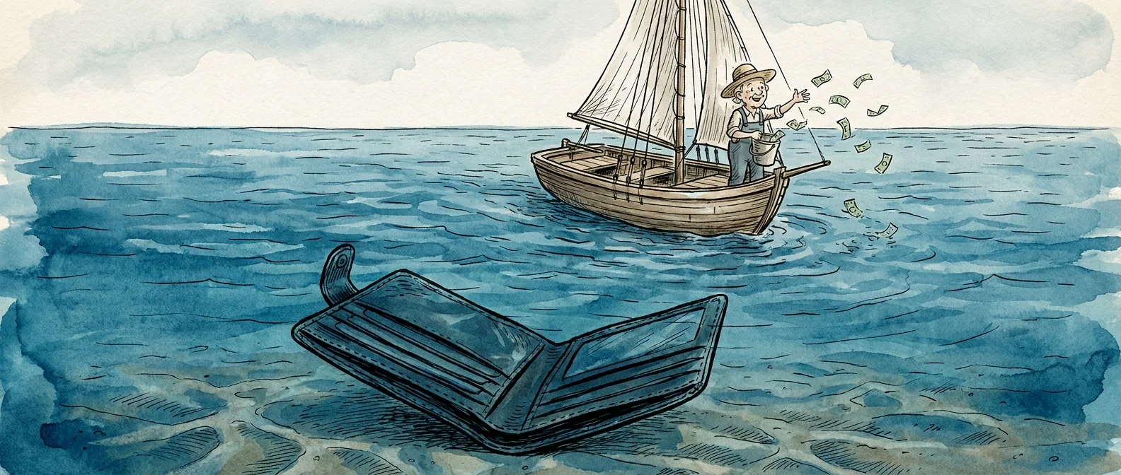 An illustration of a boat where the shadow looks like a wallet and the owner is bailing out money.