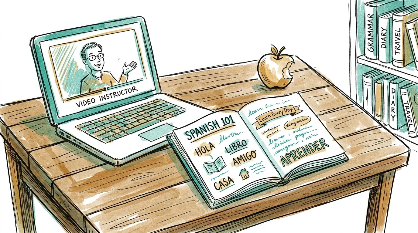 An illustration of a desk with a laptop and notebook, representing a daily routine of learning a new language.