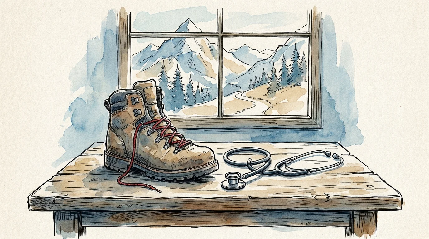 An illustration of a hiking boot and a stethoscope, symbolizing the balance between adventure and healthcare.