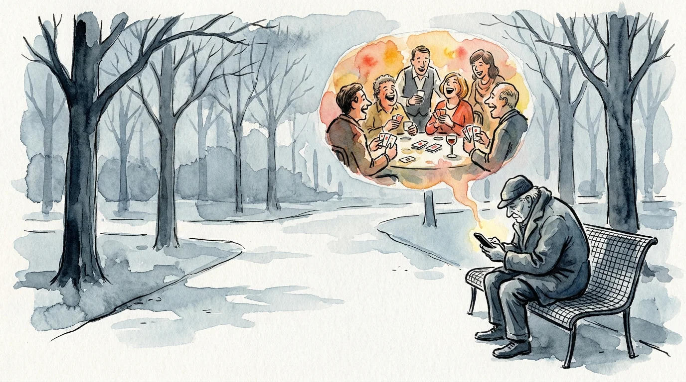 An illustration of a lonely retiree on a bench looking at a phone screen showing a happy group of friends back in his old hometown.