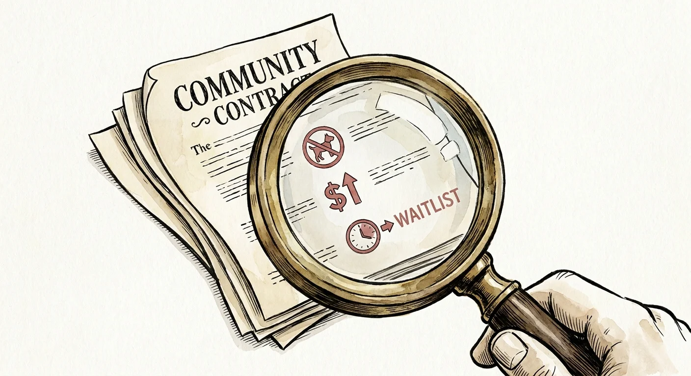 An illustration of a magnifying glass highlighting hidden symbols like rising fees and waitlists on a contract.