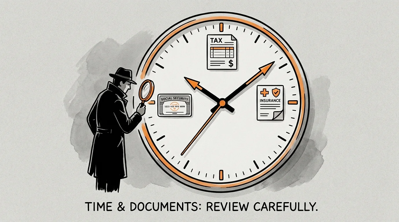 An illustration of a person examining a clock with tax and insurance icons, representing careful planning.