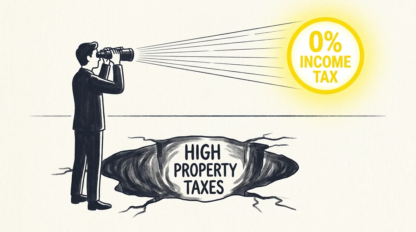 An illustration of a person looking through binoculars at a '0% Income Tax' sign while ignoring a 'High Property Tax' pitfall at their feet.