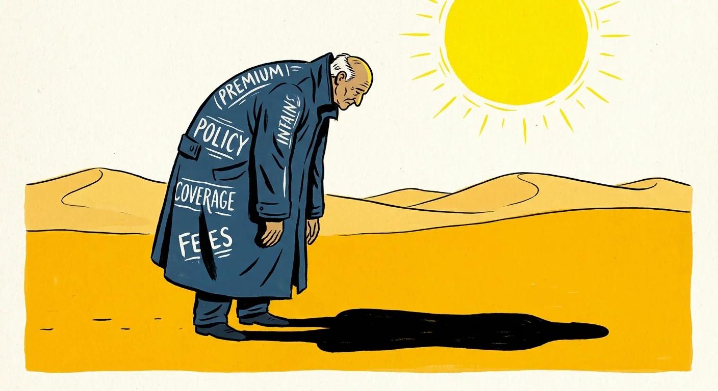 An illustration of a person wearing a heavy raincoat in a dry desert to represent unnecessary insurance.