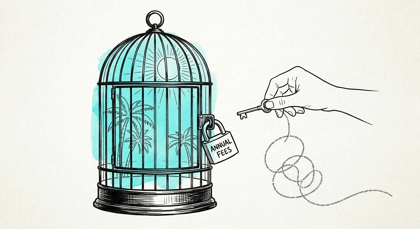 An illustration of a tropical vacation trapped inside a cage with a padlock labeled 'Fees'.