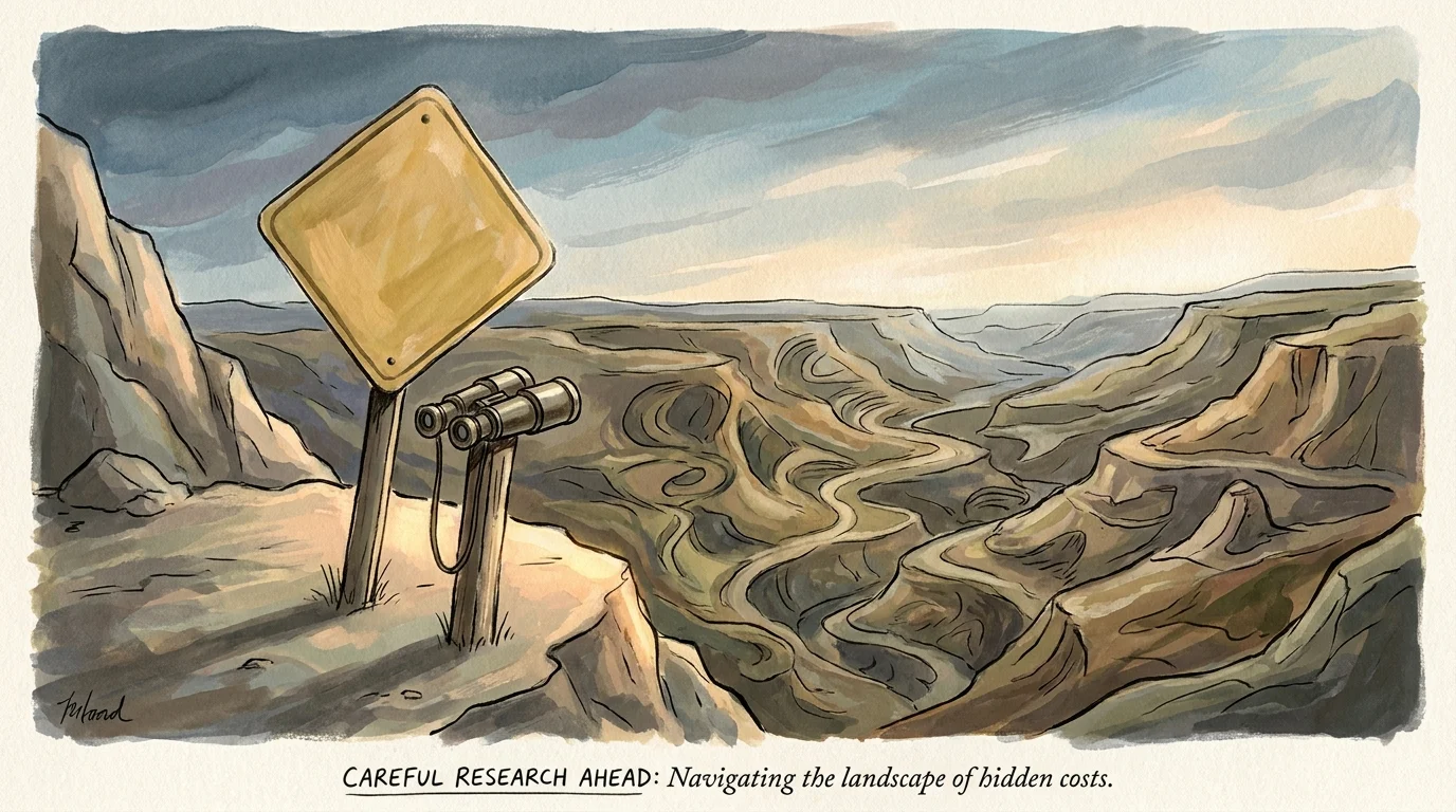An illustration of a yellow warning sign and binoculars overlooking a vast canyon, symbolizing the need for careful research.