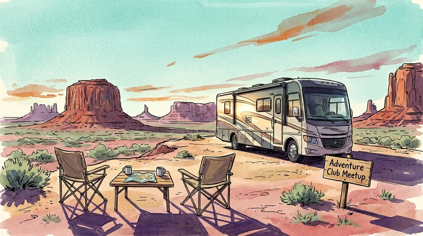 An illustration of an RV parked at a scenic desert overlook with chairs set up for a sunset view.