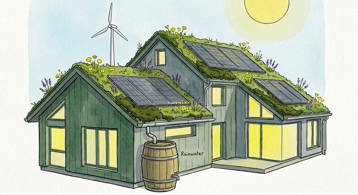 An illustration of eco-friendly homes with green roofs, solar panels, and a rainwater collection barrel.