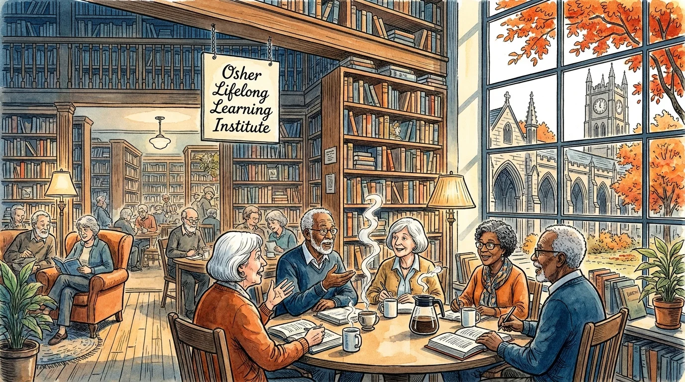 An illustration of retirees in an Ann Arbor bookstore-cafe with the University of Michigan in the background.