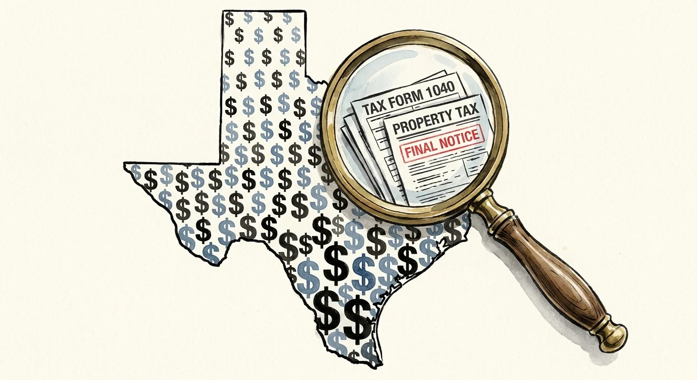 An illustration of Texas filled with dollar signs, with a magnifying glass revealing hidden tax forms.