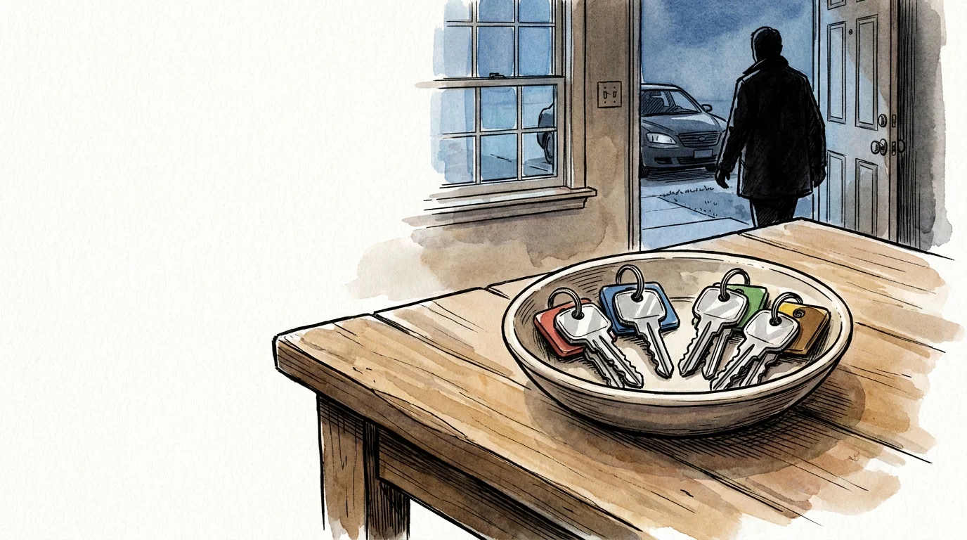 An illustration showing a bowl full of multiple house keys, symbolizing family members having unmonitored access to the retiree's home.