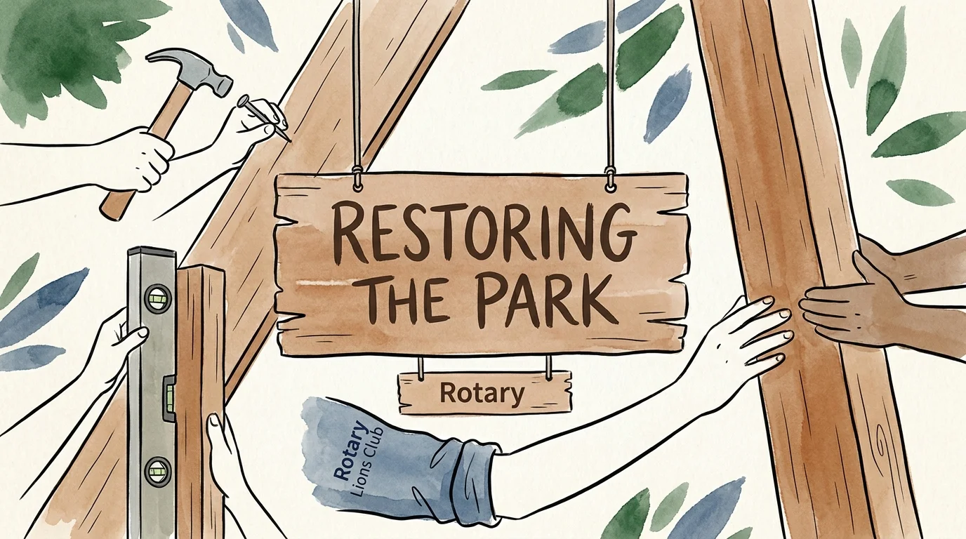 An illustration showing multiple hands working together on a community service project, representing civic engagement in retirement.