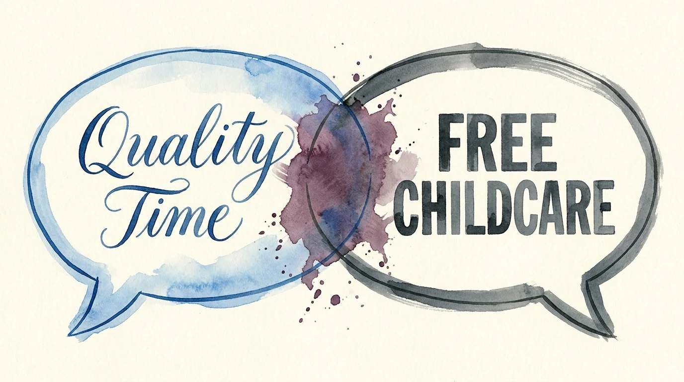 An illustration showing two speech bubbles that say 'Quality Time' and 'Free Childcare' overlapping to show a mismatch in expectations.