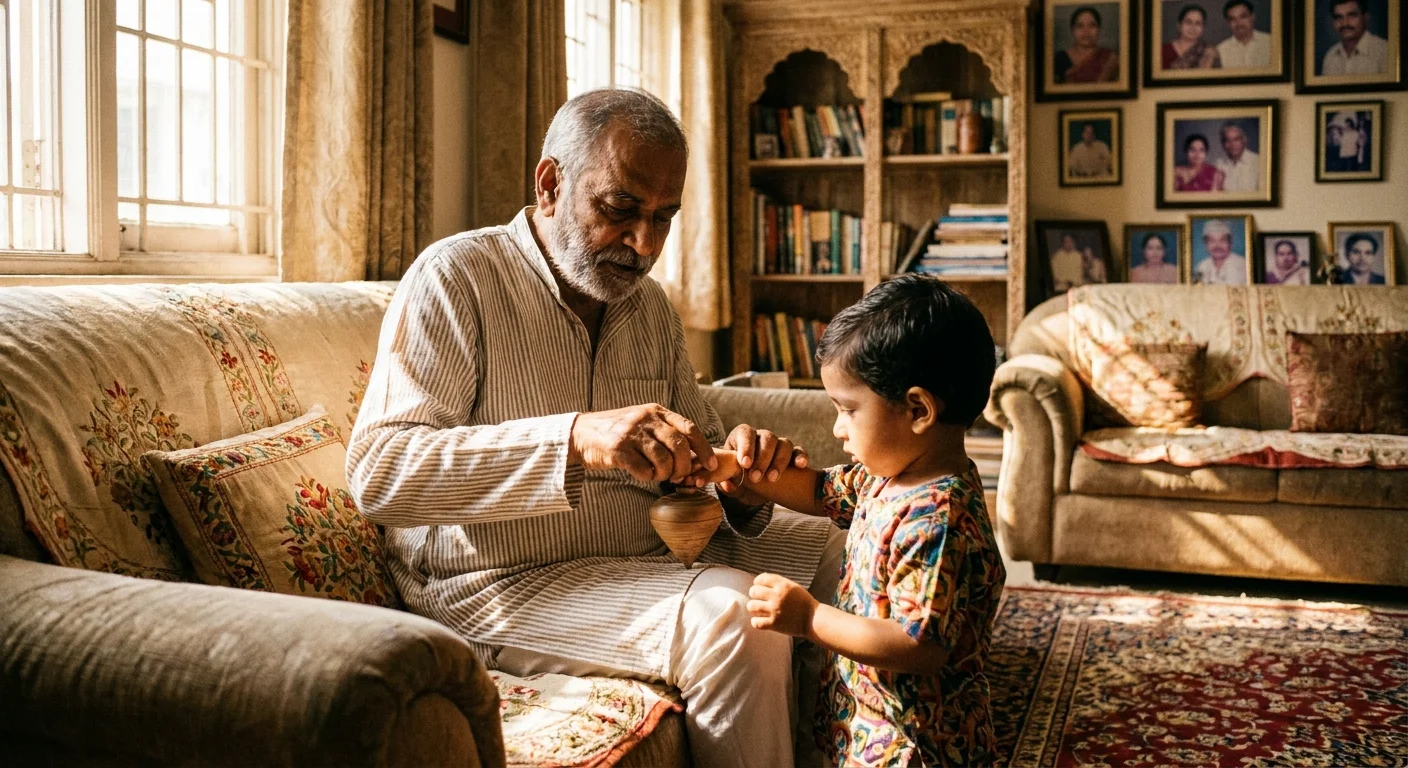 An Indian grandfather sharing a traditional toy with his grandchild in a warm, sunlit home environment.