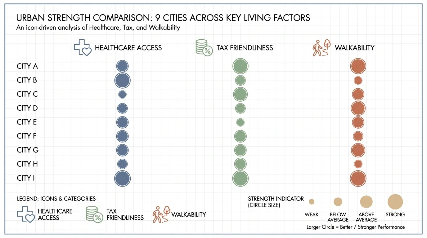 An infographic chart comparing the nine northern spots on healthcare, taxes, and walkability.