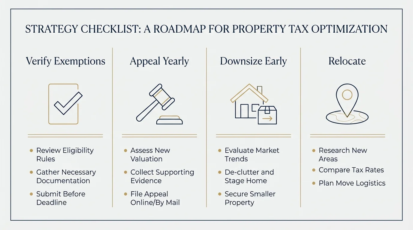 An infographic checklist showing four strategies: Verify Exemptions, Appeal Yearly, Downsize Early, and Relocate.