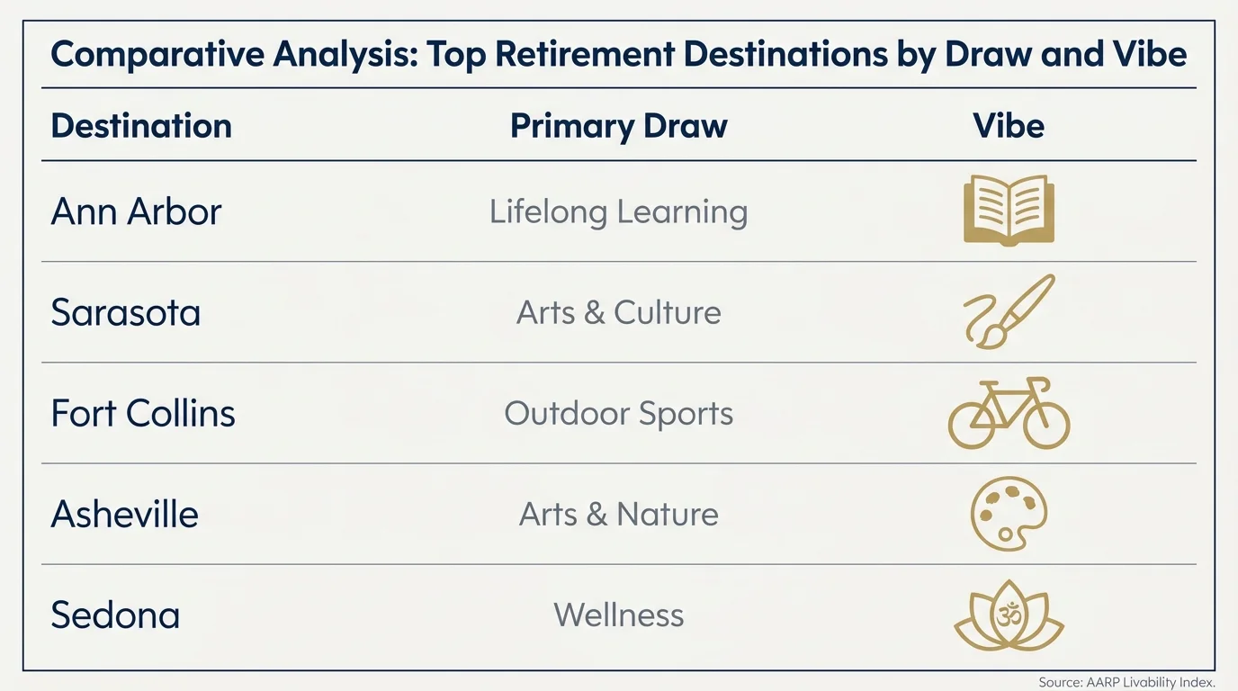 An infographic comparing active retirement destinations like Ann Arbor, Sarasota, and Fort Collins by their primary draws and vibes.