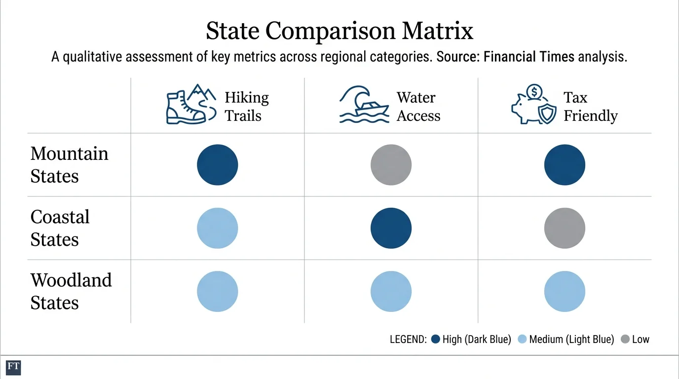 An infographic comparing Mountain, Coastal, and Woodland states based on hiking, water access, and tax friendliness.