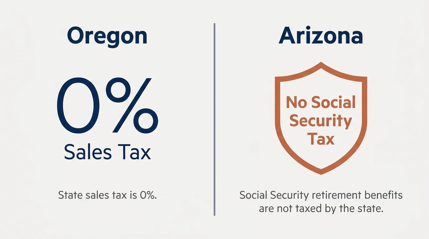 An infographic comparing Oregon's 0% sales tax with Arizona's policy of not taxing Social Security benefits.
