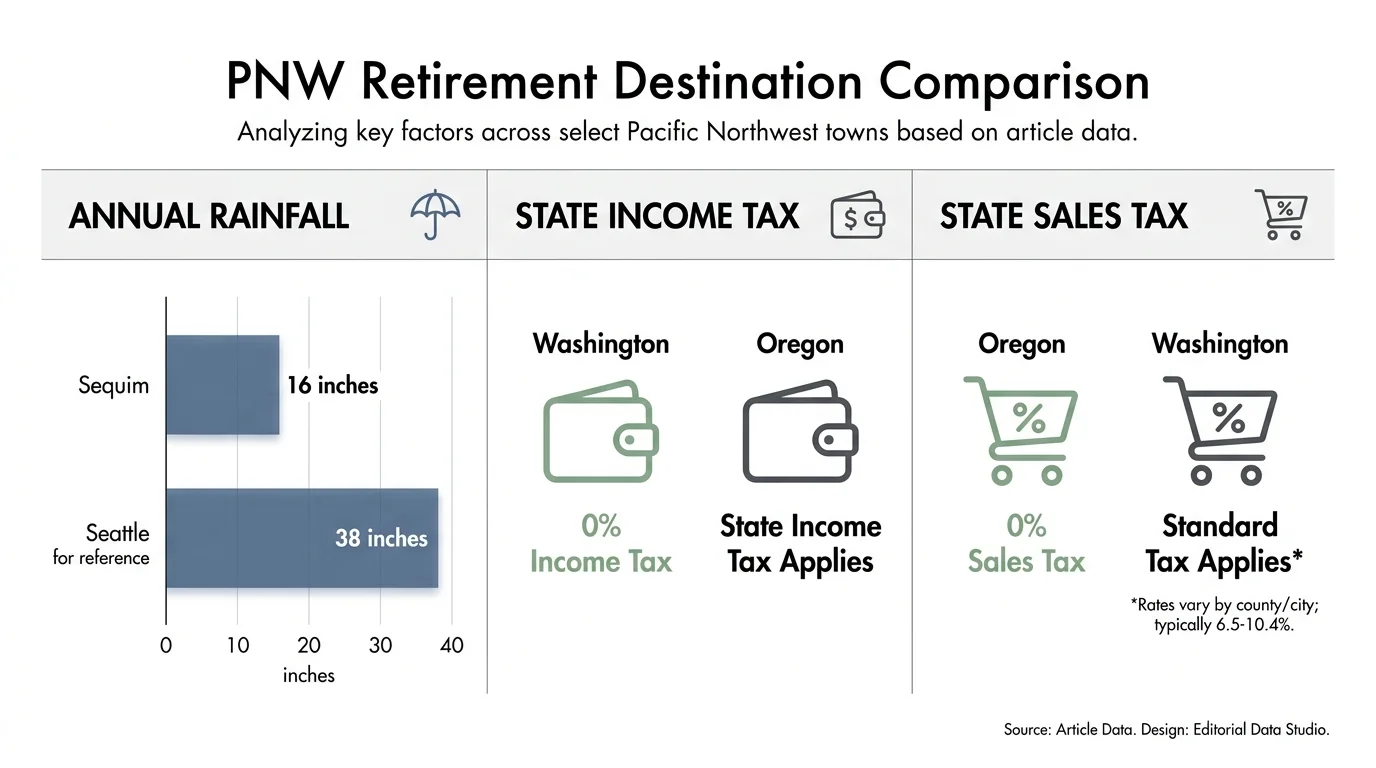 An infographic comparing rainfall and taxes for PNW towns, showing Sequim at 16 inches of rain and 0% tax for WA/OR.