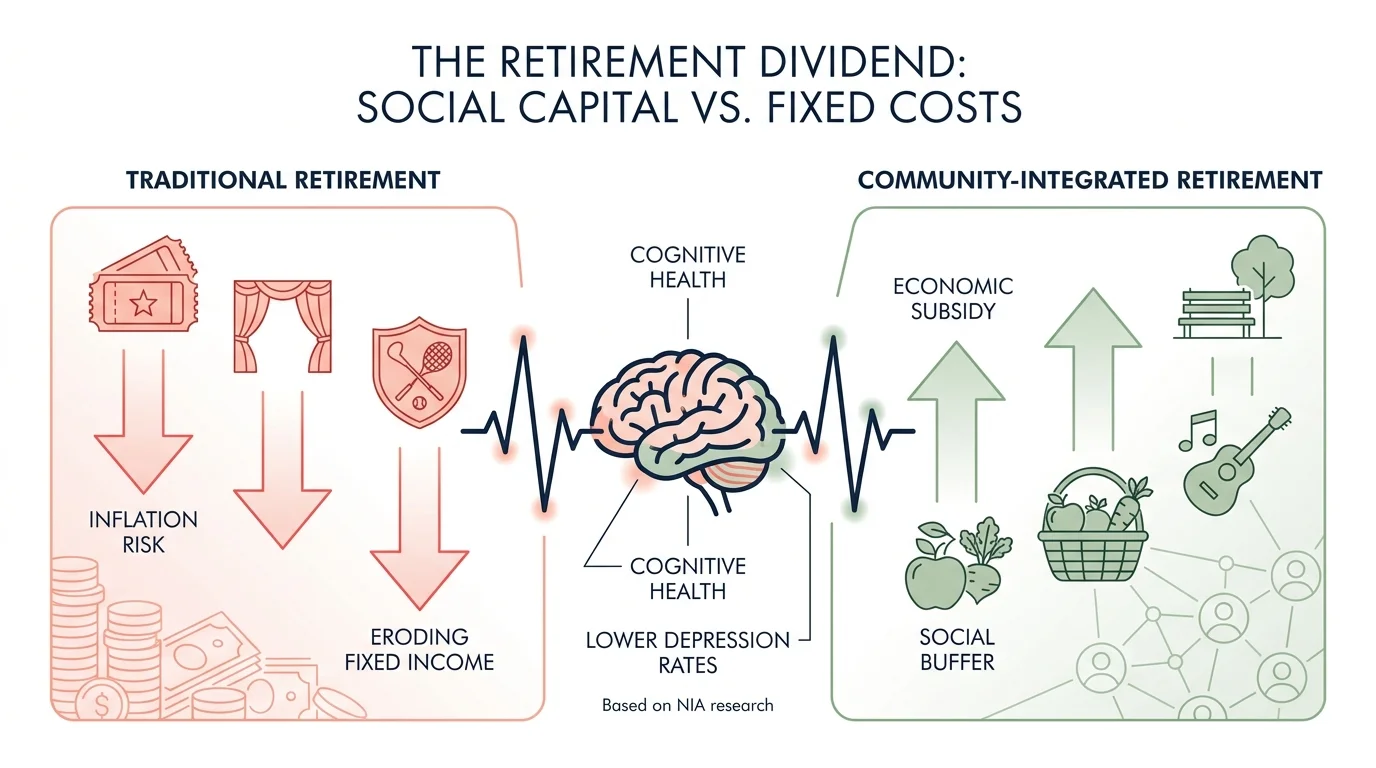 An infographic comparing the financial and health benefits of free community events versus paid entertainment in retirement.
