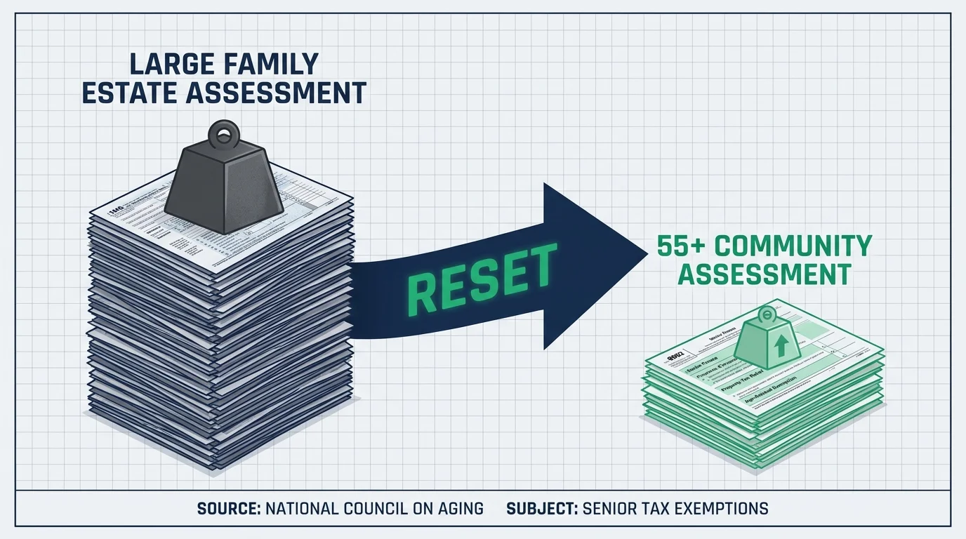 An infographic comparing the heavy tax assessment of a large estate to the lower assessment of a senior living community.