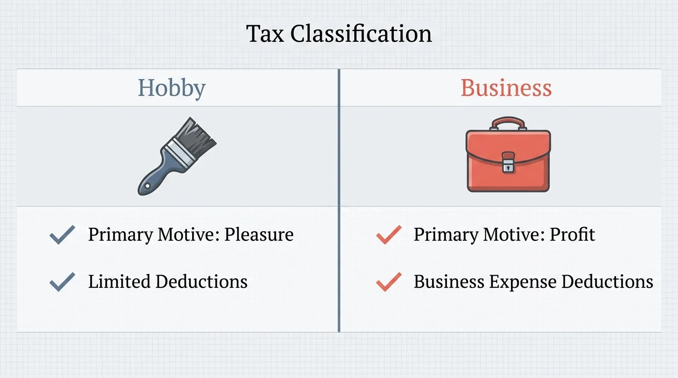 An infographic comparing the tax differences between a hobby and a business, using clear icons and labels.