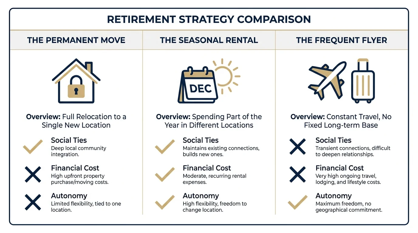 An infographic comparing three strategies: moving permanently, renting seasonally, or visiting frequently.