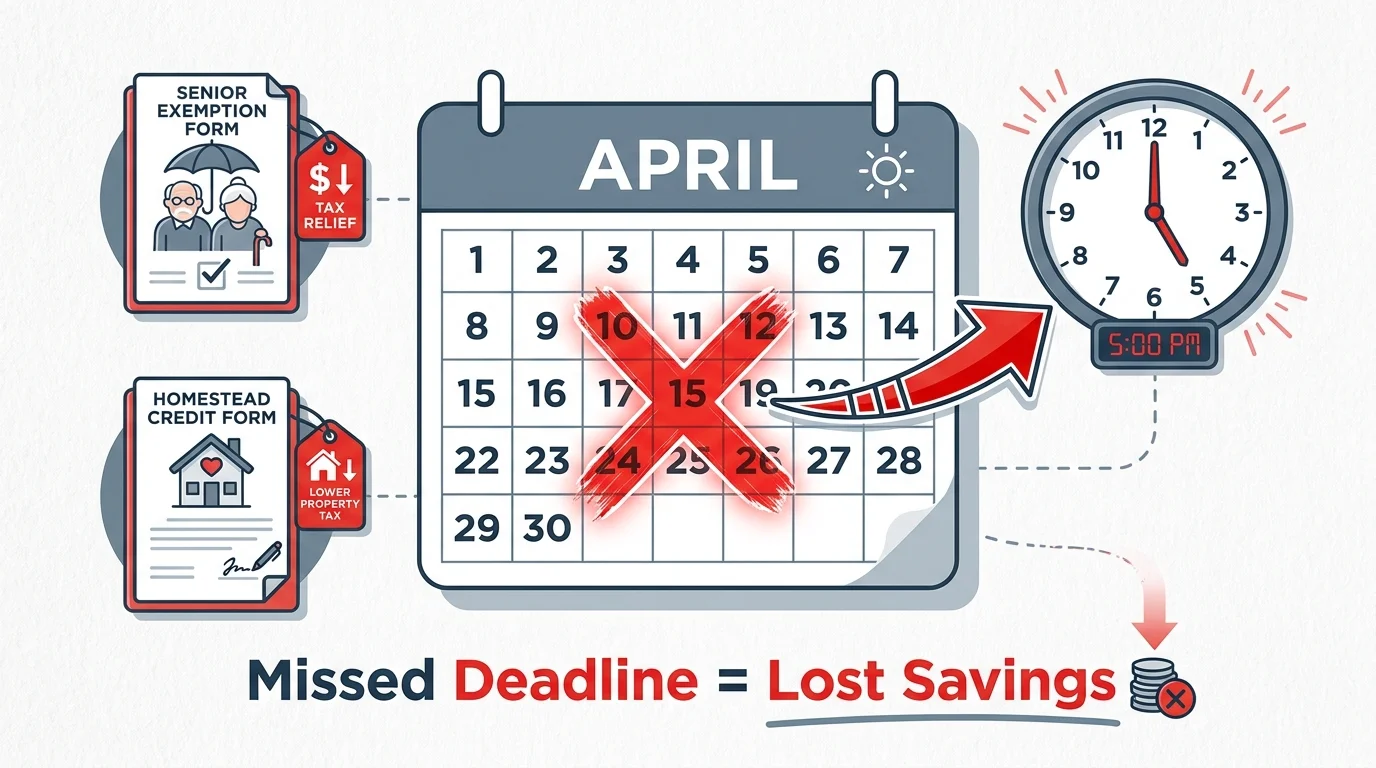 An infographic of a calendar with a red X and a clock, highlighting the importance of property tax exemption deadlines.