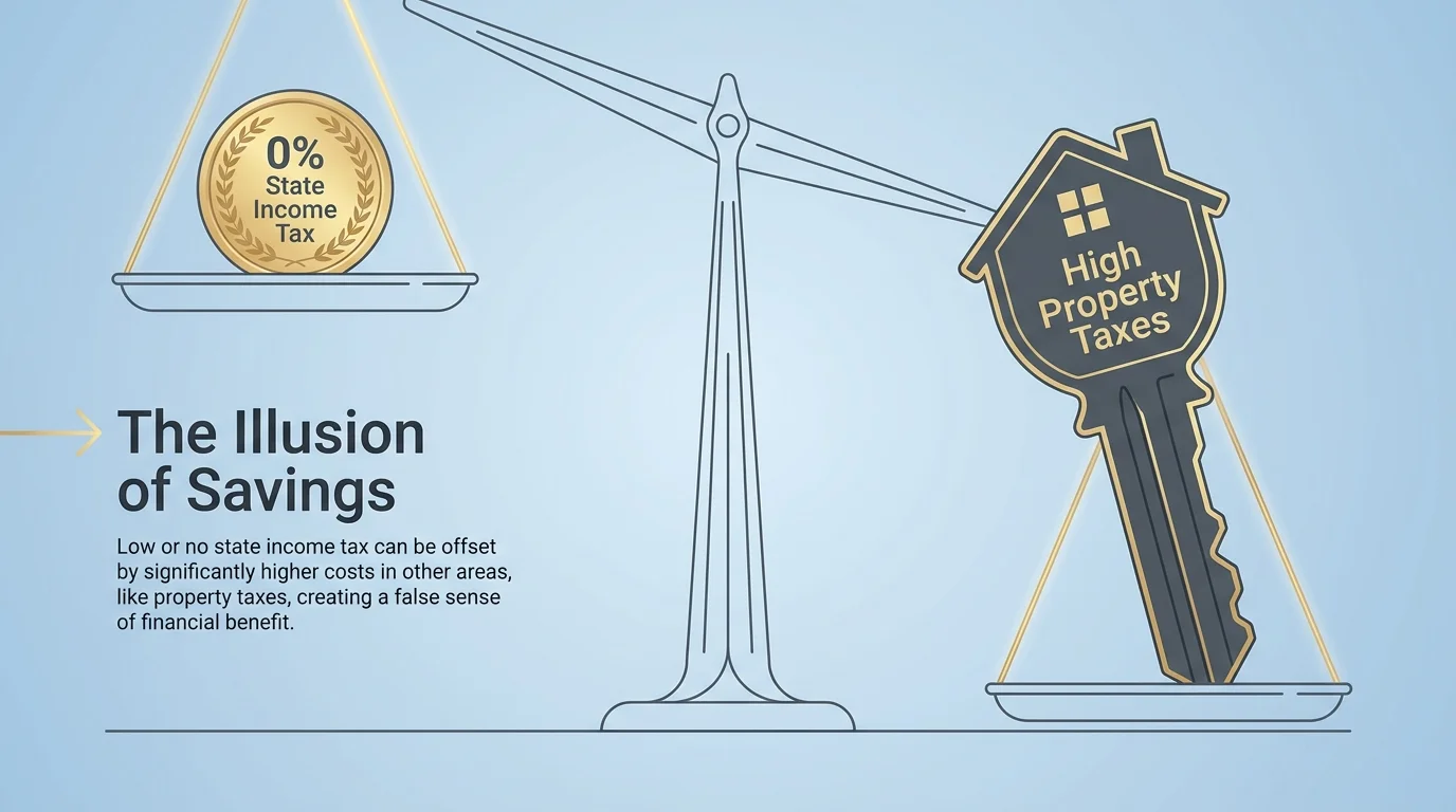 An infographic showing a balance scale where 'High Property Taxes' heavily outweighs '0% State Income Tax'.