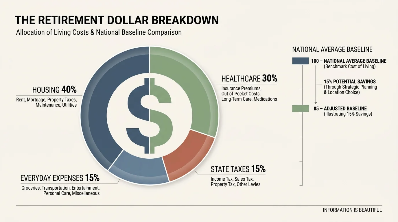 An infographic showing a breakdown of retirement expenses like housing and taxes, comparing a cost of living index of 85 to a baseline of 10