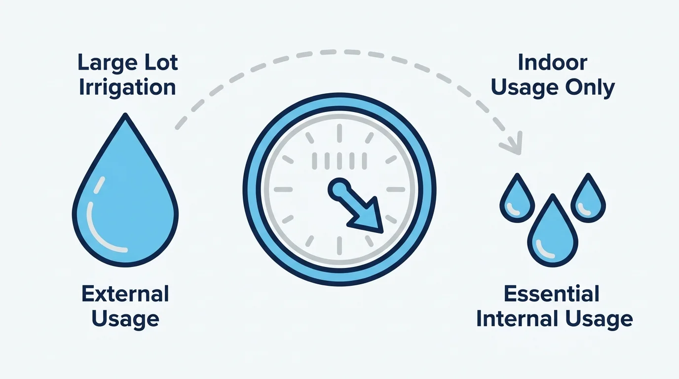 An infographic showing a large water drop for yard irrigation compared to small drops for essential indoor water use.