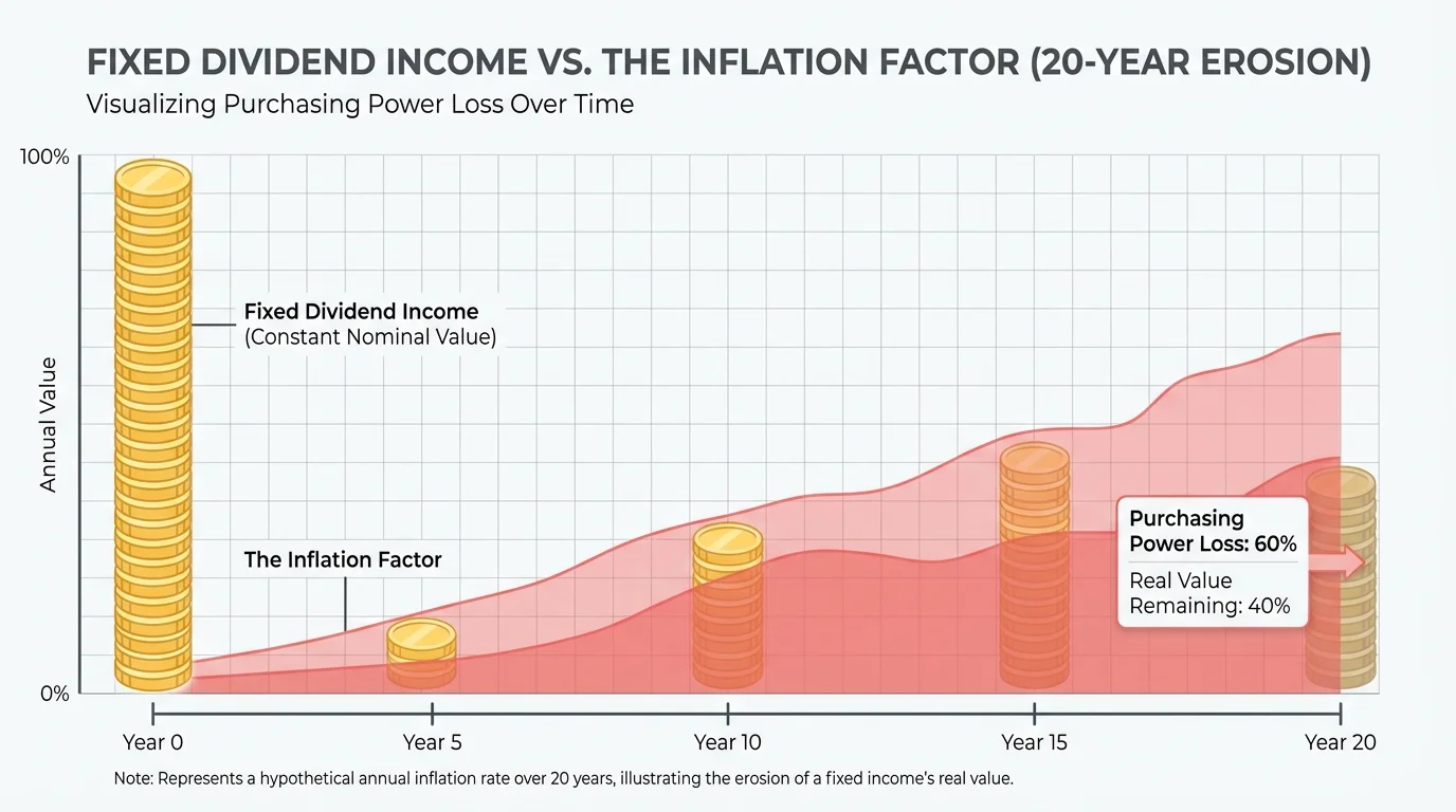 An infographic showing how a fixed dividend income is slowly submerged by a rising wave of inflation over 20 years.