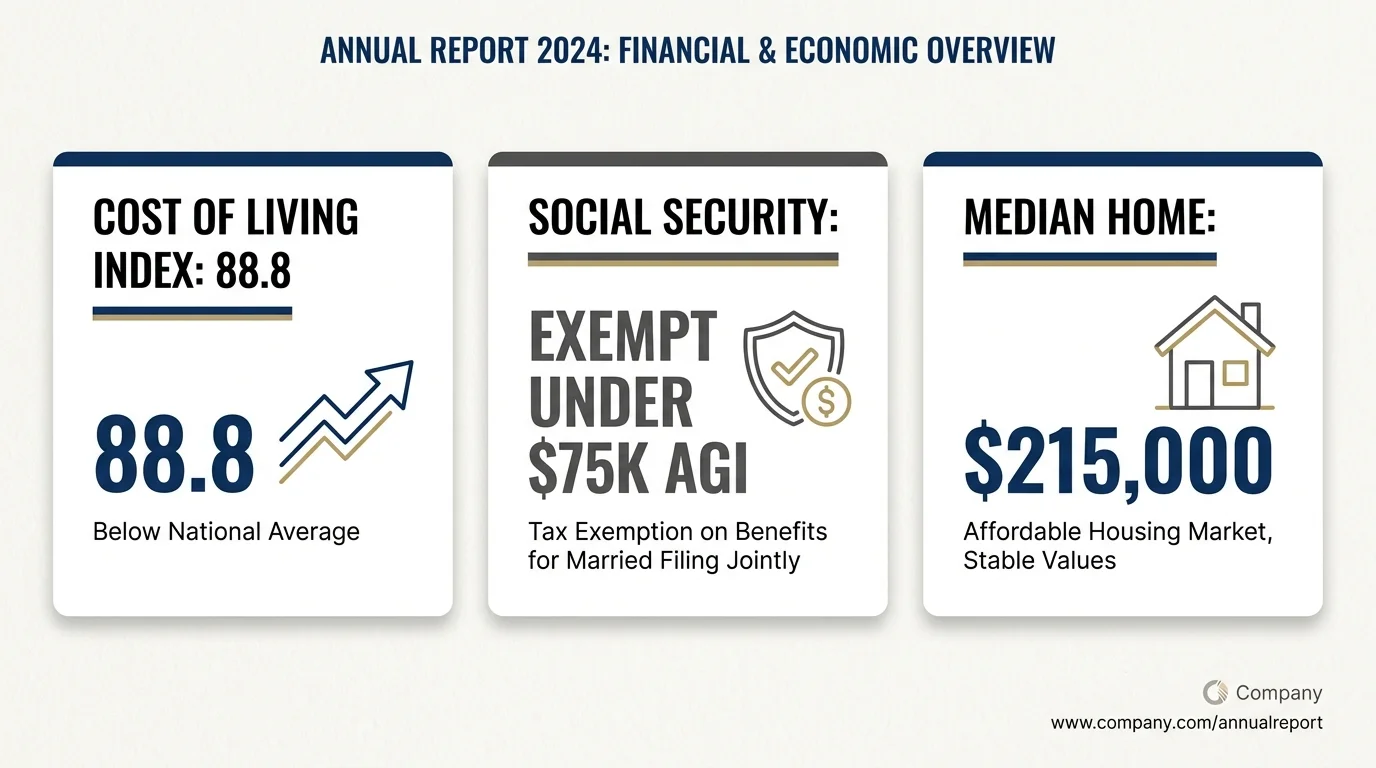 An infographic showing Kansas's financial stats: 88.8 cost of living index and $215,000 median home price.