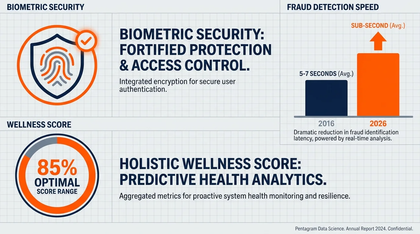 An infographic showing modern financial security features like biometric protection and fraud detection charts.