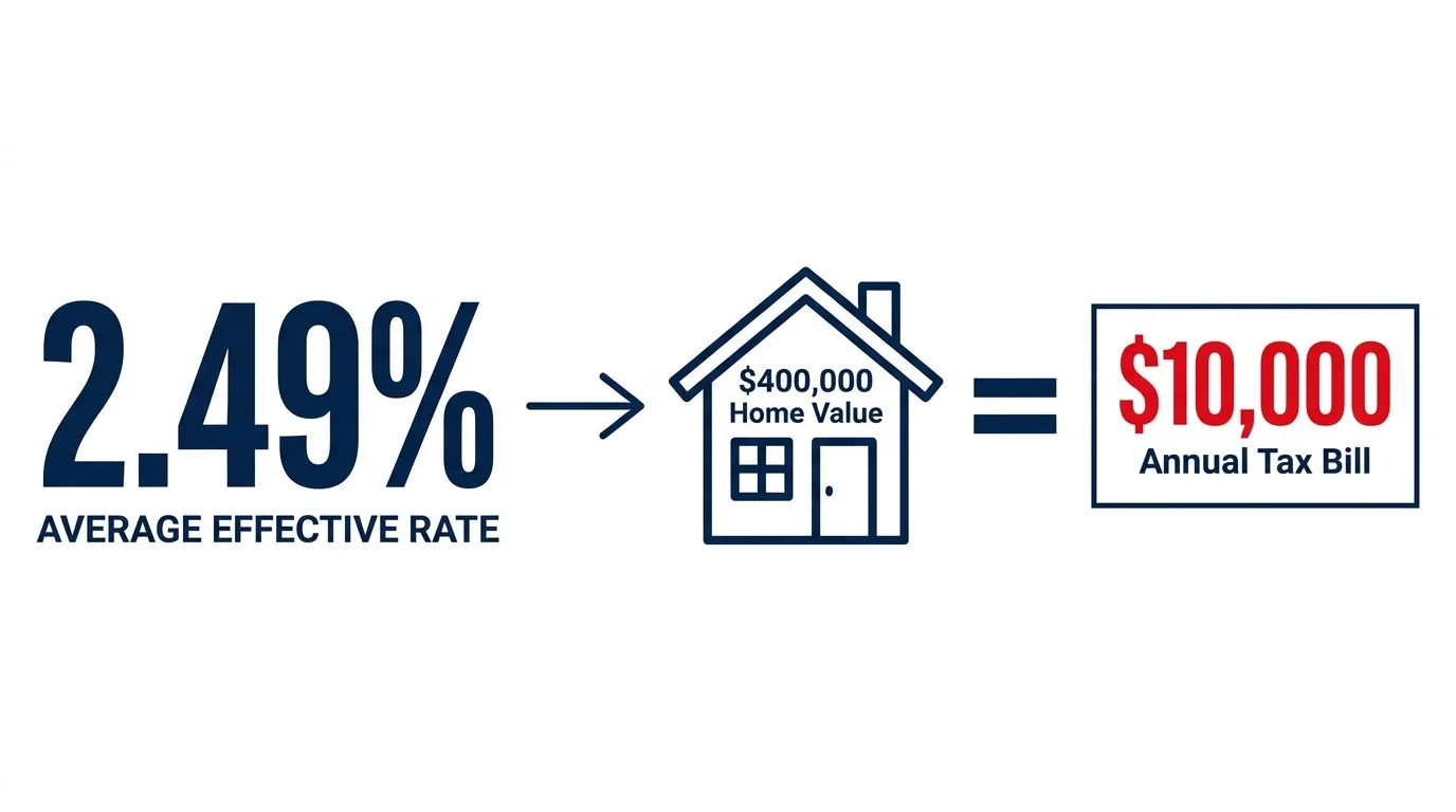 An infographic showing New Jersey's 2.49% property tax rate, resulting in a $10,000 bill for a $400,000 home.