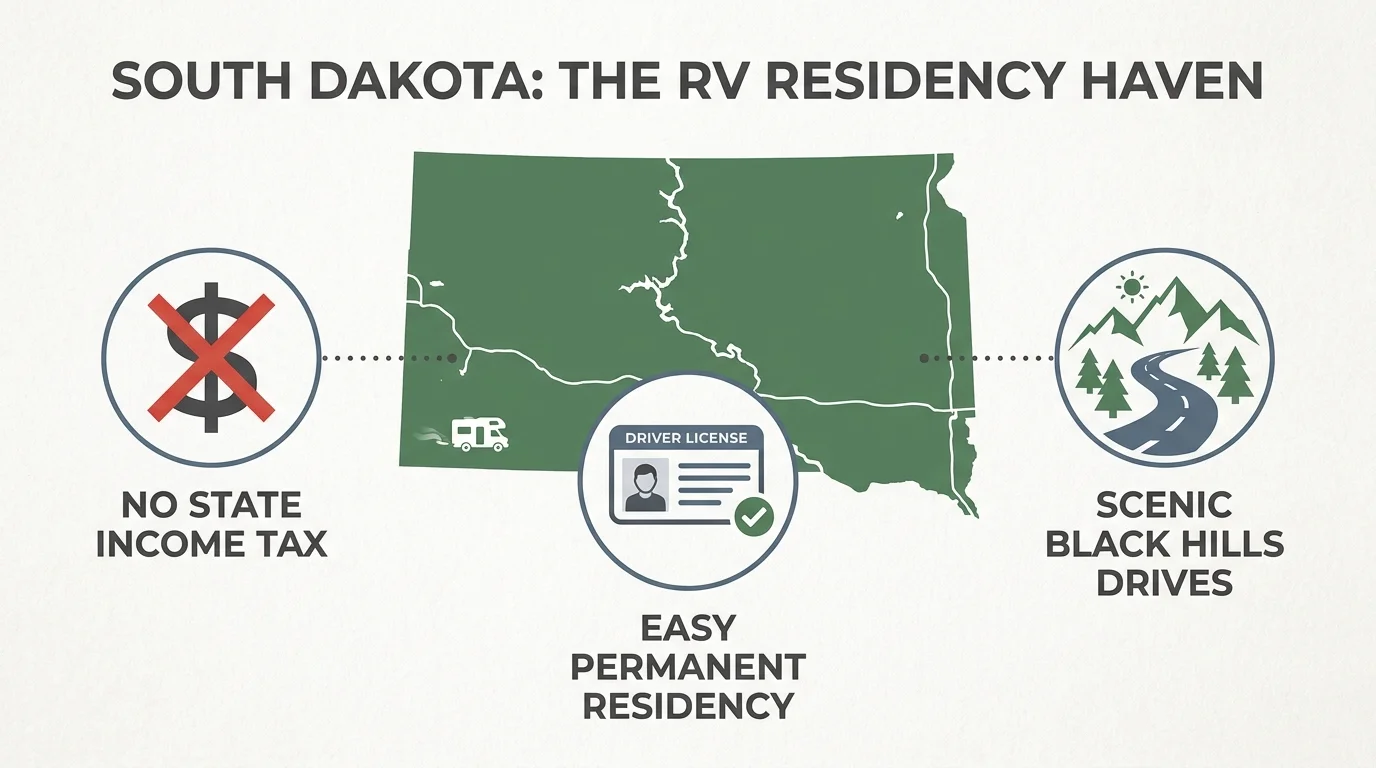 An infographic showing South Dakota residency perks: No state income tax, easy residency, and scenic drives.