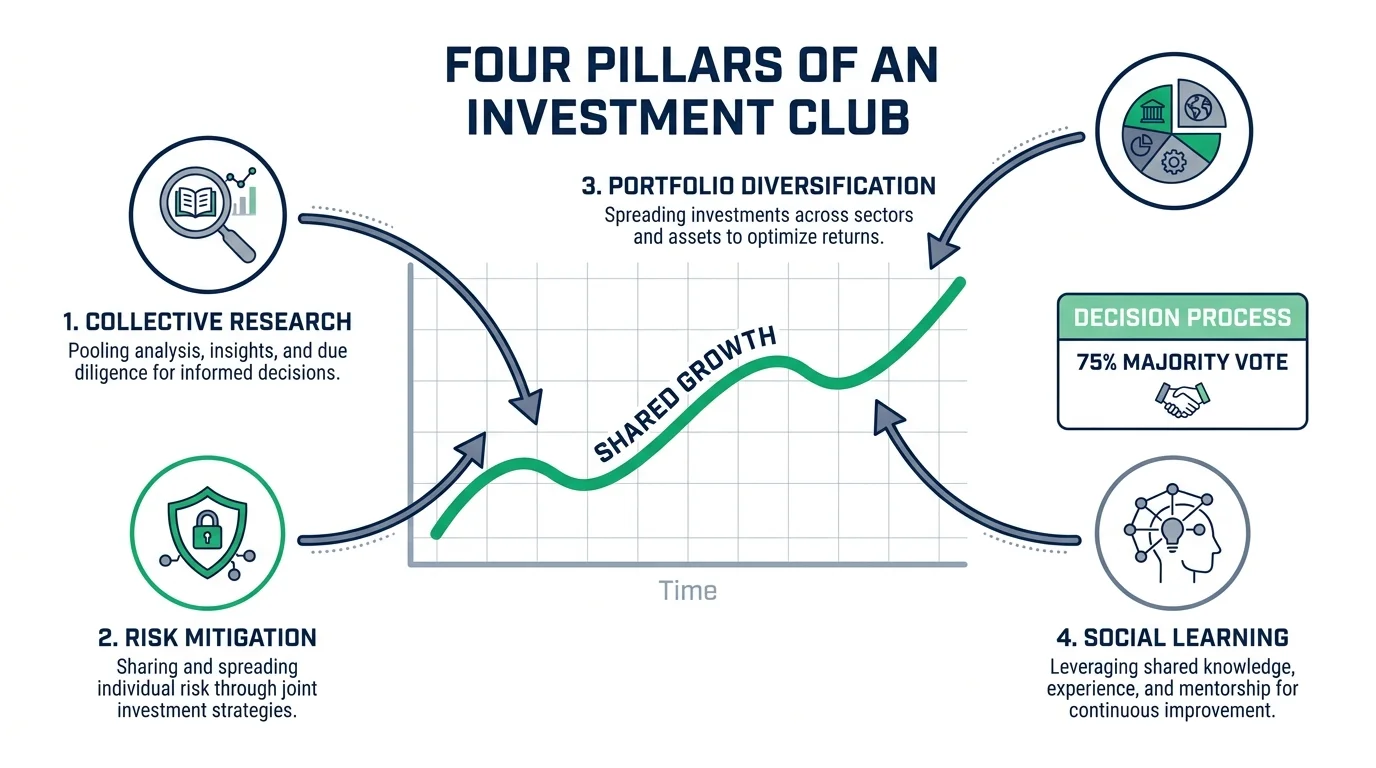 An infographic showing the four pillars of a retirement investment club: research, risk, diversification, and learning.