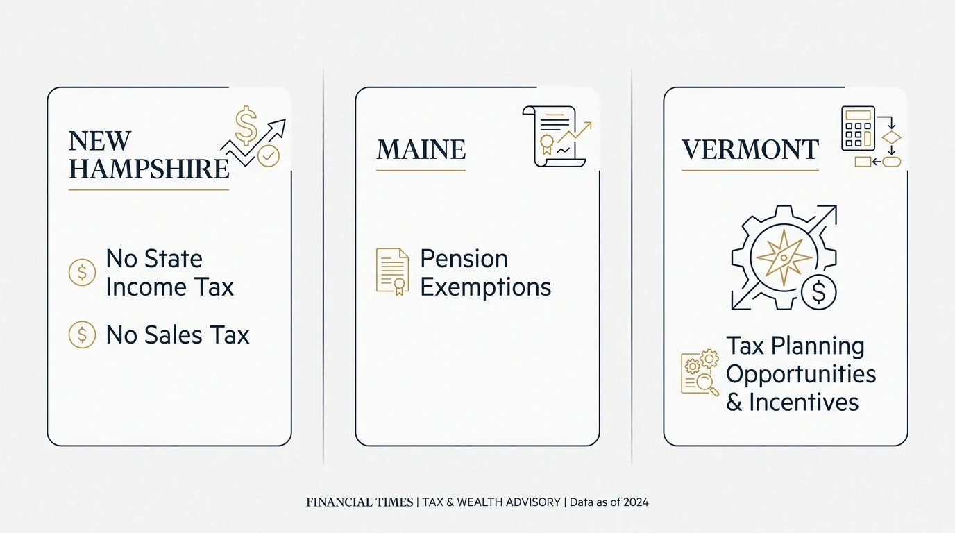 An infographic showing the tax benefits of different northern states, like New Hampshire's lack of income tax.