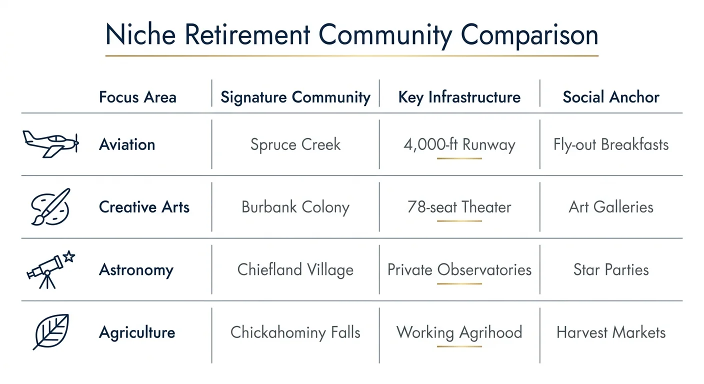 An infographic table comparing aviation, arts, astronomy, and agriculture retirement communities.