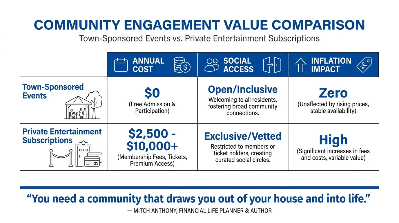 An infographic table comparing the costs and benefits of free community events versus private entertainment options.