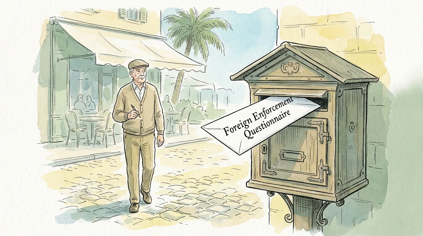 An ink and watercolor drawing of a man in a foreign country approaching a mailbox with a Social Security questionnaire in his hand.