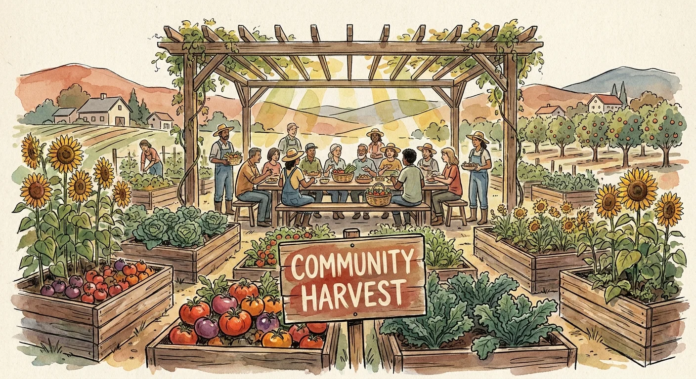 An ink and watercolor drawing of lush community garden beds and a sign that reads Community Harvest.
